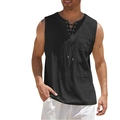 Detail of men's black cotton linen sleeveless shirt featuring a lace-up V-neck and pocket - S / Black
