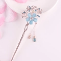 Silver vintage floral hair pin with blue cat eye stone flower and dangling tassel - Silver Blue Cat's Eye Flower Tassel (FZ020)