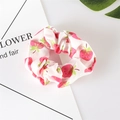 Close-up of a white scrunchie with pink strawberry prints on soft chiffon fabric - 03# Strawberry