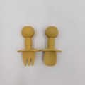 Ginger yellow silicone baby training spoon and fork set with panda handles and choke guard - Turmeric