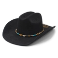 Black western cowboy hat with ethnic beaded band and shells on a white background - M (56-57cm) / Black
