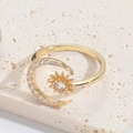 Adjustable gold crescent moon and star open ring with sparkling white crystal pave setting - Star and Moon (Gold)