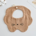 Brown 100% cotton gauze baby bib with animal embroidery and wavy edges for infants - Gauze Flower Scarf - Brown Cat
