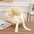 Beige straw sun hat with wide white lace trim and yellow flower ribbon for summer - Side Flower Style - Beige