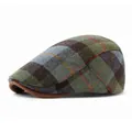 British style wool plaid beret with brown brim for men and women in winter - Adjustable / Army Green