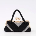 Elegante borsa da sera a mano in perline bianche e nere con chiusura a sfera di cristallo - Nero