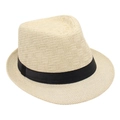Détail d'un chapeau Panama beige classique avec ruban gros-grain noir et tissage fin - Beige