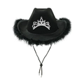Detail of black cowboy hat featuring rhinestone crown and fluffy feather trim edge - Adult Size (58cm) / Black Feather