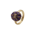 Detail view of vintage geometric copper ring with purple enamel and zircon inlay - Adjustable Open / Purple