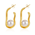 Elegante 18K vergulde ovale oorbellen met grote parels en onregelmatige curven - Goud