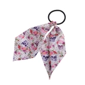 Close-up of white fabric hair scrunchie with purple skulls and pink roses patterns - White Purple Skull Rose Style