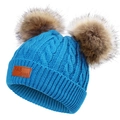 Kids winter thick knit beanie hat with double faux fur pom poms cute warm blue wool cap - Blue