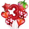 Macro view of strawberry theme 3D foil balloons set with red number 3 and heart shapes - Strawberry Kit (Style Three)