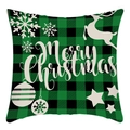 Green and black buffalo plaid Christmas pillowcase featuring white reindeer and snowflakes - Green Black Plaid Christmas