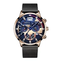 Men's quartz chronograph watch with blue dial, gold case, and black mesh steel band - Rose Gold Black Mesh Strap