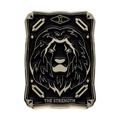 Emaille-Tarotkarten-Brosche in Schwarz und Gold mit dem Kraft-Löwen-Design - Stärke