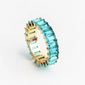 Detailed close-up of a gold-plated ring set with rectangular step-cut blue crystals - Adjustable Open / Light Blue