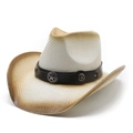 Ethno-Western-Cowboy-Strohhut mit braunem Farbverlauf und Lederband mit Sternverzierung - Creme-Kaffee-Verlauf