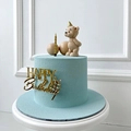 Light blue birthday cake topper set with bear doll, gold candles and balls - Design No.16 / Gold