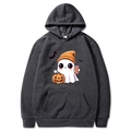 Dark grey Halloween hoodie featuring cartoon ghost pumpkin and bat prints with hood - Dark Gray