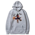 Light grey Halloween hoodie with purple witch and pumpkin print in flat lay view - Light Gray