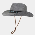 Close-up of woven straw hat texture with turquoise beads and brown wind rope detail - One Size / Dark Blue