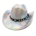 Cappello da cowboy western iridescente con squame colorate e fascia in pelle turchese - M (56-58cm) / Bianco