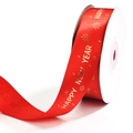 Detail of red Christmas ribbon with golden Happy New Year text and snowflake patterns - Happy New Year Red Ribbon with Gold Stamping (18m)