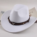 Cappello western bianco con fascia in pelle marrone e decorazione a testa di toro argento - Taglia Unica (57-58cm) / Piccola testa di toro Bianco