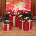 Set de 3 cajas de regalo de Navidad rojas iluminadas con lazos de yute y agujas de pino - Estilo de Malla Roja (T1200431) / Combinación Grande Mediano Pequeño / Rojo