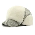 Winter baseball cap in beige faux fur and grey plaid pattern with warm earflaps - 55-59CM / Gray