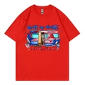 Red cotton crewneck T-shirt with vintage American flag camper print and slogan - Red