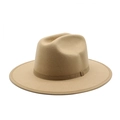 Detail of khaki wool felt fedora featuring a wide brim and matching grosgrain ribbon band - M (56-58cm) / Camel