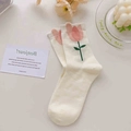 Chic cream crew socks with elegant pink tulip embroidery and soft cotton texture - Pink Tulip