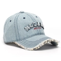Detail of light blue denim baseball cap showing 3D MGCANN embroidery and leopard print brim - One Size / Light Blue(C)