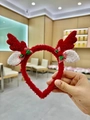 Red plush Christmas headband with reindeer antlers and red-green plaid bow details - Red Green Bow Antlers