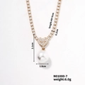 Elegant gold pearl necklace with rhinestone heart connector and 10mm round white pearl - Pave Heart Link White Round Large Pearl (N01000-7)