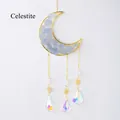 Golden moon sun catcher with natural celestite crystal stones and hanging prisms - Celestite Moon Wind Chime Pendant