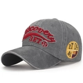 Faded grey washed cotton baseball cap featuring red 3D embroidery and vintage side badge - Adjustable / Light Gray