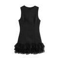 Elegant black sleeveless dress featuring a layered mesh tulle hemline on a white background - XS / Black