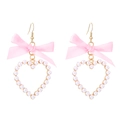 Pink ribbon bow earrings with heart-shaped faux pearls and gold hooks on white background - Pink (Gold Hook)