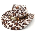 Cappello da cowboy vintage leopardato in ecopelliccia con fibbia a testa di toro - M (56-58cm) / Parte Superiore a Cuore / Beige