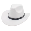 Close-up of white wool cowboy hat featuring a black leather band and silver buckle - M (56-58cm) / White Cowboy (Black Belt)