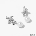 Silver flower earrings with white pearls, elegant stainless steel jewelry style D2745 - Silver Earrings (D2745)