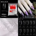 Size guide for transparent stiletto false nail tips showing ten unique dimensions in mm - Clear