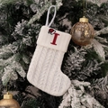 White knitted Christmas stocking with red embroidered letter I on a snowy branch - Embroidered Knitted Small Sock White I
