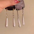 Detailed close-up of S925 silver long drop pearl earrings with sparkling rhinestones - White Pearl Teardrop (32#)