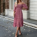 Elegant burgundy smocked dress with white floral print, featuring off-shoulder puff sleeves - S / Burgundy