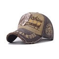 Close-up of vintage washed grey cotton baseball cap with embroidered star and feather patch - Adjustable / Pharaoh Coffee