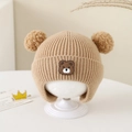 Winter baby knit earflap hat in khaki featuring pom-poms and a cute bear patch - Bear Patch - Khaki